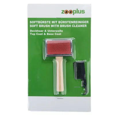 Zooplus Softbürste s čističom kefy na kryciu srsť a podsadu. Obsahuje červenú kefu s drevenou rukoväťou a čierny hrebeň.