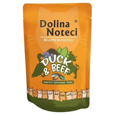 Dolina Noteci Superfood Duck & Beef z miętą pieprzową, małżą zieloną i siemieniem lnianym. Opakowanie z ilustracjami kotów na dole.