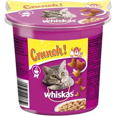 Whiskas Crunch! kattenvoer verpakking, paarse beker met afbeelding van een grijze kat, brokjes en het woord 'Crunch!' in gele letters. Whiskas merknaam duidelijk zichtbaar.