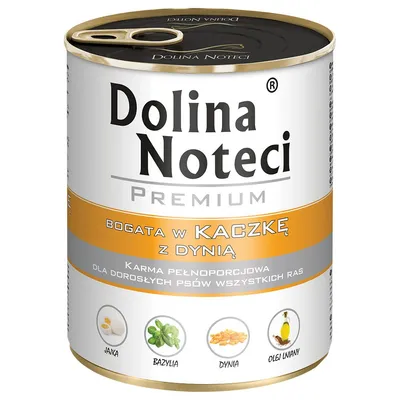 Dolina Noteci Premium. Aliment complet avec canard et potiron pour chiens adultes de toutes races. Ingrédients : œuf, basilic, potiron, huile de lin.