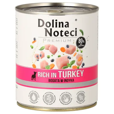 Dolina Noteci Premium Nassfutter, reich an Truthahn, 80% Fleisch und Innereien, mit Leinsamenöl, glutenfrei, ohne zugesetzte Phosphate, unterstützt Haut und Fell.