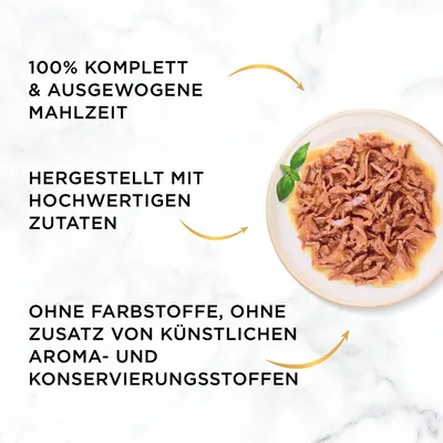 100% komplett und ausgewogene Mahlzeit. Hergestellt mit hochwertigen Zutaten. Ohne Farbstoffe, ohne Zusatz von künstlichen Aroma- und Konservierungsstoffen.