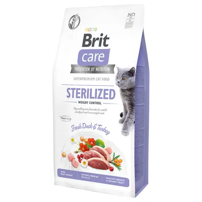 Sac Brit Care Sterilized Weight Control pour chats stérilisés, Fresh Duck & Turkey, mentions : poids idéal, pH urinaire optimal 6,0–6,5, reins et voies urinaires sains.
