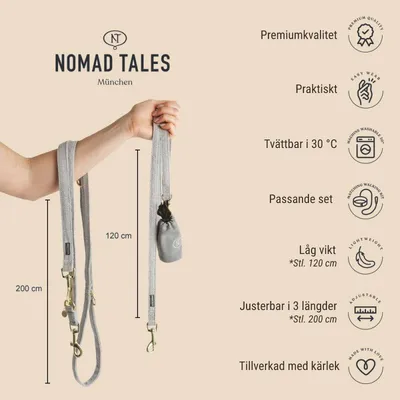 Nomad Tales München koppel i tyg, två längder 120 cm och 200 cm, justerbar i 3 längder, låg vikt, tvättbar i 30 °C, med tillbehörspåse. Text: premiumkvalitet, praktiskt, tillverkat med kärlek.