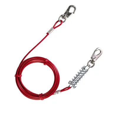 Red metal cable with two snap hooks and a spring section, designed for securing or tethering. Both ends feature metal clips for attachment.