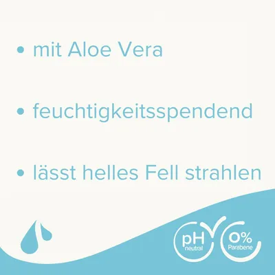 Mit Aloe Vera, feuchtigkeitsspendend, lässt helles Fell strahlen. pH-neutral, 0% Parabene.