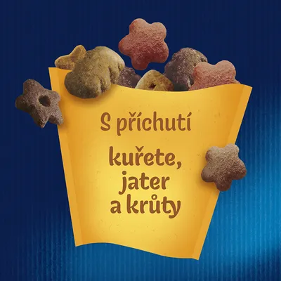 S příchutí kuřete, jater a krůty (text v češtine na obale krmiva).
