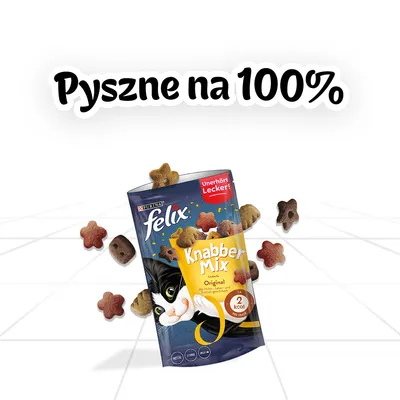Felix Knabber Mix Original, opakowanie przysmaków dla kotów, widoczne napisy: „Pyszne na 100%”, „Unerhört Lecker!”, „2 kcal”. Przysmaki w kształcie gwiazdek wokół opakowania.