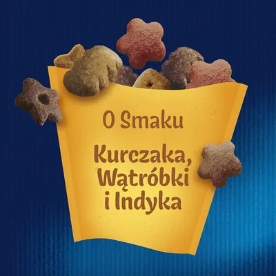 O Smaku Kurczaka, Wątróbki i Indyka – widoczne różne kształty przysmaków dla zwierząt. Informacja o smaku na opakowaniu.
