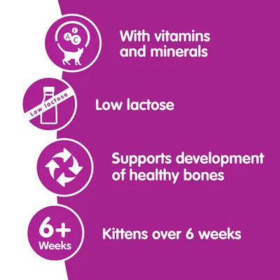 With vitamins and minerals, low lactose, supports development of healthy bones, suitable for kittens over 6 weeks.