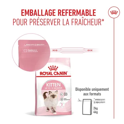 Royal Canin Kitten jusqu'à 12 mois, emballage refermable avec système easyopen et zip, ainsi que freshpack. Disponible en 2, kg et 4, kg. Royal Canin Kitten jusqu'à 12 mois, emballage refermable avec système easyopen et zip, ainsi que freshpack. Disponible en 2, kg et 4, kg.