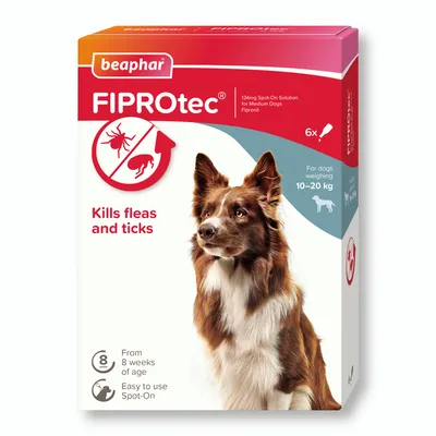 FIPROtec spot-on solution kills fleas and ticks, for dogs weighing 10–20 kg, suitable from 8 weeks of age, easy to use. Pack contains 6 pipettes.