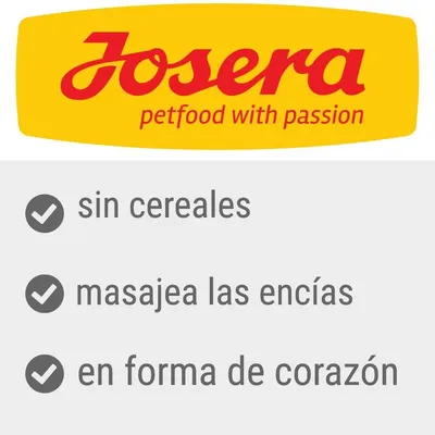 Josera petfood with passion. Sin cereales, masajea las encías, en forma de corazón.