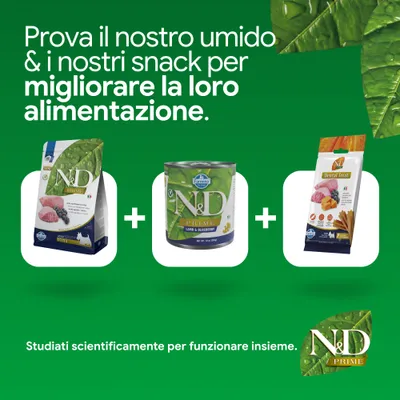 N&D Prime crocchette, alimento umido e dental treat con agnello & mirtillo. Sviluppato scientificamente per un'alimentazione ottimale.
