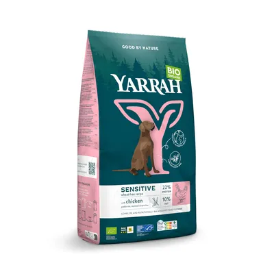 Yarrah Bio Sensitive dog food, wheat-free with chicken, 22% protein, 10% fat. Certificates: EU organic label, no animal testing, complete balanced nutrition for dogs.