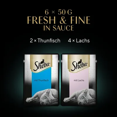 Sheba Fresh & Fine in Sauce, 6 x 50 g: 2 x Thunfisch, 4 x Lachs. Verpackung mit Katzenmotiv.