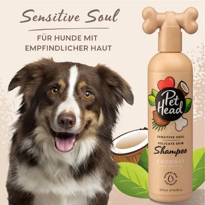 Pet Head Sensitive Soul champú para perros con piel sensible, coco y aceite de marula, 300 ml. Contiene extractos de aceites naturales.