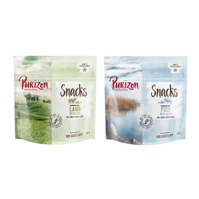 Две опаковки Purizon Snacks за котки: едната с надпис LAMB WITH FISH, другата FISH WITH BEEF. Видими са текстове 100% MEAT, FISH & LIVER и FOR ADULT CATS, 40 г.