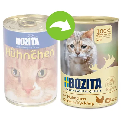 Porovnání starého a nového obalu konzervy Bozita MIT Huhnchen Chicken/Kyckling 410 g, nový obal s nápisem 100% animal protein of protein content, obrázek kočky. Porovnání starého a nového obalu konzervy Bozita MIT Huhnchen Chicken/Kyckling 410 g, nový obal s nápisem 100% animal protein of protein content, obrázek kočky.