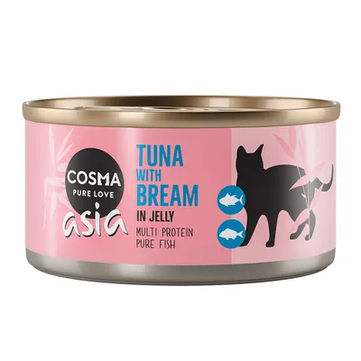 Cosma Pure Love Asia Tuna with Bream in Jelly, Multi Protein Pure Fish, konzerva s crnim siluetom mačke na ružičastoj ambalaži. Tekst na engleskom jeziku.
