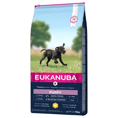 Eukanuba Puppy hrană uscată pentru rase mari și foarte mari, bogată în carne proaspătă de pui, potrivită pentru pui de 1-14 luni. Mărime pachet: 15kg.