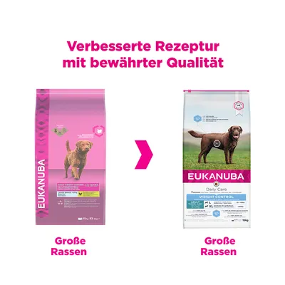 Eukanuba hrana za pse za velike pasmine. Poboljšana receptura s provjerenom kvalitetom. Lijevo stara ambalaža, desno nova ambalaža s kontrolom težine i Daily Care.