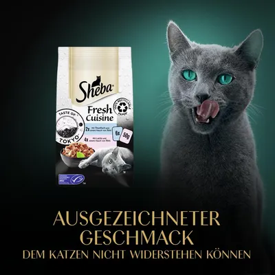 Sheba Fresh Cuisine s tunjevinom i lososom, Taste of Tokyo, 6x50g. Reciklirajuća ambalaža. Izvrstan okus kojem mačke ne mogu odoljeti.