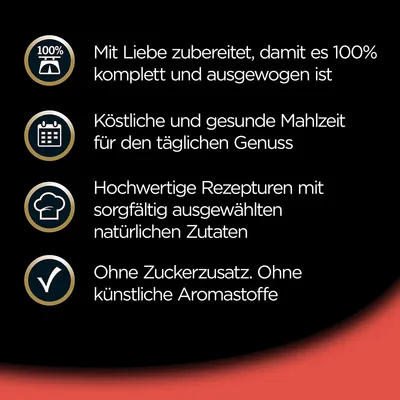 Text în limba germană: Mit Liebe zubereitet, damit es 100% komplett und ausgewogen ist. Köstliche und gesunde Mahlzeit für den täglichen Genuss. Hochwertige Rezepturen mit sorgfältig ausgewählten natürlichen Zutaten. Ohne Zuckerzusatz. Ohne künstliche Aromastoffe.
