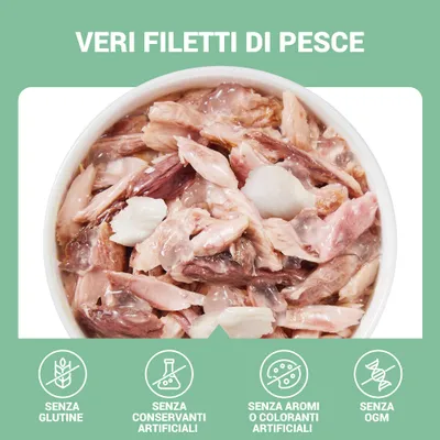Veri filetti di pesce. Senza glutine, senza conservanti artificiali, senza aromi o coloranti artificiali, senza OGM.