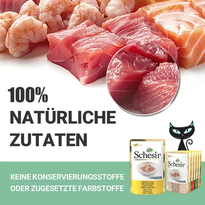 100% natürliche Zutaten. Keine Konservierungsstoffe oder zugesetzte Farbstoffe. Schesir Katzenfutter mit Huhn und Fisch in Gelee.