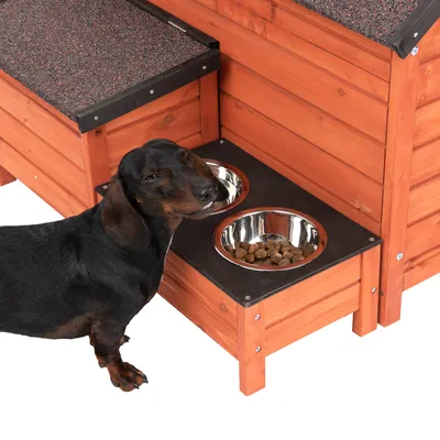 Houten hondenhok met geïntegreerd voergebied, twee roestvrijstalen kommen voor water en droogvoer. Hond staat ernaast.