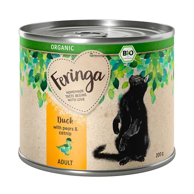 Feringa Bio kissanruoka, maku ankka päärynällä ja kissanmintulla, aikuisille kissoille, 200g tölkki. Teksti: 'Homemade taste begins with love'. Bio-sertifikaatti näkyvissä.