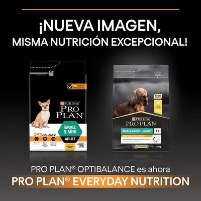 Comparación de envases de pienso para perros Purina Pro Plan Small & Mini Adult: antes OptiBalance, ahora Everyday Nutrition. Texto: ¡Nueva imagen, misma nutrición excepcional!