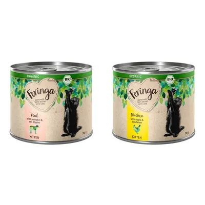 Feringa Bio-Kittenfutter, warianty: cielęcina z dynią i kocimiętką, kurczak z jabłkiem i mniszkiem, każda puszka 200 g.