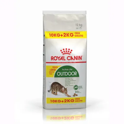 Royal Canin Active Life Outdoor kattenvoer, 12 kg zak. Actie: 10 kg + 2 kg gratis. Afbeelding van een kat en brokjes op de verpakking. Royal Canin Active Life Outdoor kattenvoer, 12 kg zak. Actie: 10 kg + 2 kg gratis. Afbeelding van een kat en brokjes op de verpakking.