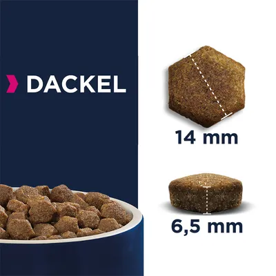 Trockenfutter für Dackel mit sechseckiger Form, Masse: 14 mm Durchmesser und 6,5 mm Höhe. Schale mit Futterstücken sichtbar.