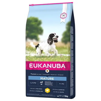Eukanuba Mature hrană uscată pentru rase medii, 10-25 kg, vârsta 7-10 ani. Bogată în carne proaspătă de pui. Dimensiune pachet: 15 kg.