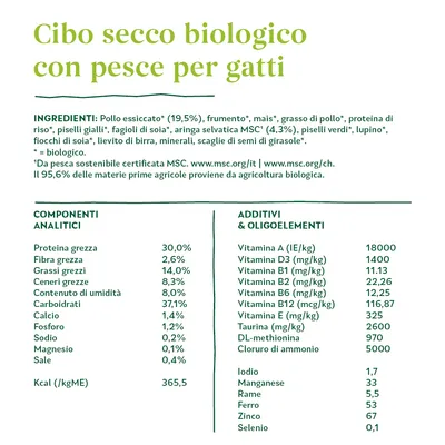 Cibo secco biologico con pesce per gatti. Ingredienti: pollo essiccato 19,5 %, aringa MSC 4,3 %, cereali, legumi, minerali. Proteine 30 %, grassi 14 %, fibre 2,6 %. Vitamine e oligoelementi elencati.