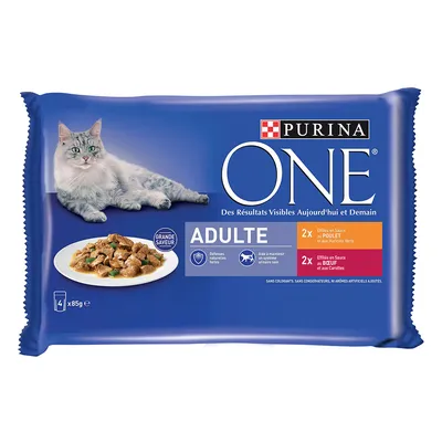 Purina One Adulte Katzenfutter, 4x85g, 2x Huhn mit grünen Bohnen, 2x Rind mit Karotten, ohne Farbstoffe und Konservierungsstoffe.