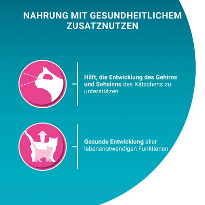Nahrung mit gesundheitlichem Zusatznutzen: Hilft die Entwicklung des Gehirns und Sehsinns des Kätzchens zu unterstützen. Gesunde Entwicklung aller lebensnotwendigen Funktionen.