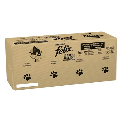 Opakowanie Purina Felix So Gut Wie Es Aussieht, 40 x 100 g, smaki: kaczka, wołowina, jagnięcina, kurczak. Widoczne napisy w języku niemieckim i francuskim.
