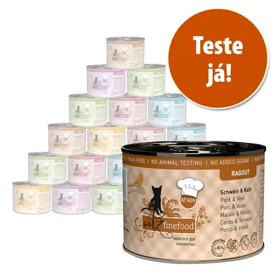 Lata de comida húmida para gatos catz finefood Ragout Nº 609, porco e vitela. Texto visível: 'Grain free', 'No animal testing', 'No added sugar'. Círculo laranja com 'Teste já!'.
