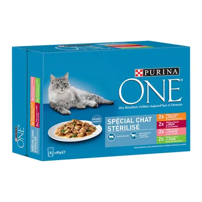 Purina ONE Spécial Cat Sterilized, 8x85g, med kyckling, nötkött, lax. Viktkontroll, utan färgämnen och konserveringsmedel.