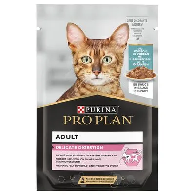 Purina Pro Plan Adult Delicate Digestion kattenvoer met hoogzeevissmaak, in saus. Tekst: ondersteunt een gezond verteringssysteem. Zonder toegevoegde kleurstoffen.