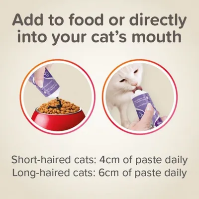 Instructions show adding paste to food or directly into a cat’s mouth. Short-haired cats: 4cm of paste daily. Long-haired cats: 6cm of paste daily.