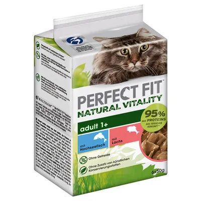 Perfect Fit Natural Vitality adult 1+ z rybą morską i łososiem, 95% białka zwierzęcego, bez zbóż, bez sztucznych konserwantów, opakowanie 6x50g.