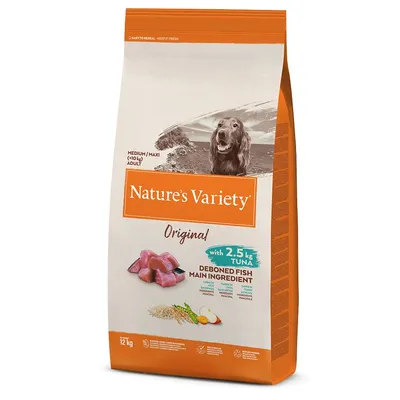 Sac de croquettes Nature’s Variety Original pour chien adulte moyen/grand, 12 kg, avec 2,5 kg de thon désossé comme ingrédient principal. Texte en anglais sur l’emballage.