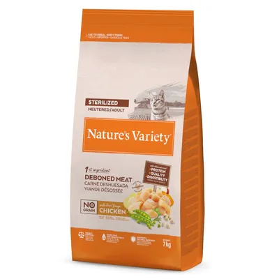 Nature's Variety kattmat för steriliserade vuxna, huvudingrediens urbenat kött, utan spannmål, med frigående kyckling. Förpackningsstorlek: 7 kg.