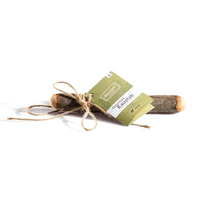 Olive wood chew stick by Beeztees, size S, tied with label and string.