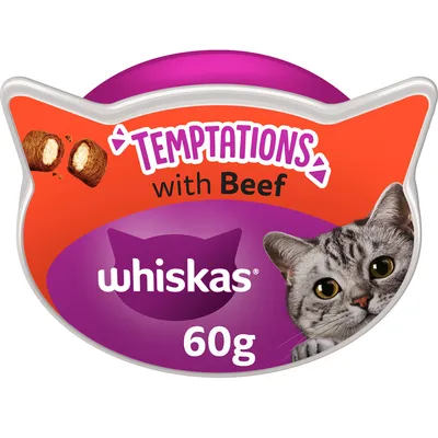 Temptations with Beef, whiskas, 60g pack shown with treat pieces and a cat image